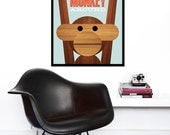 Poster Danish monkey Kay Bojesen print Mid century modern quote kitchen art retro nursery art - Let's Monkey Around 50 x 70 cm