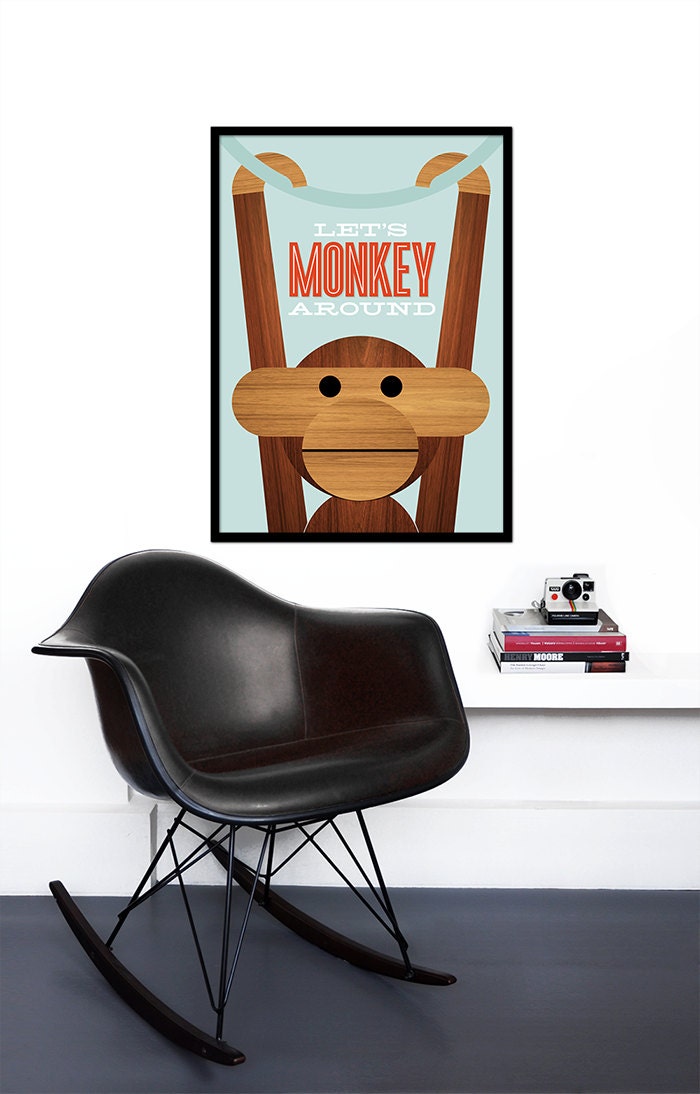 Poster Danish monkey Kay Bojesen print Mid century modern quote kitchen art retro nursery art - Let's Monkey Around 50 x 70 cm