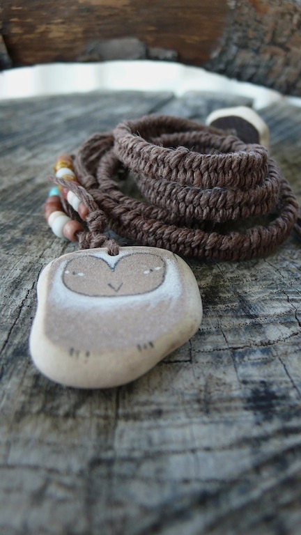 Beach Pottery Owl Necklace - Braided and Beaded