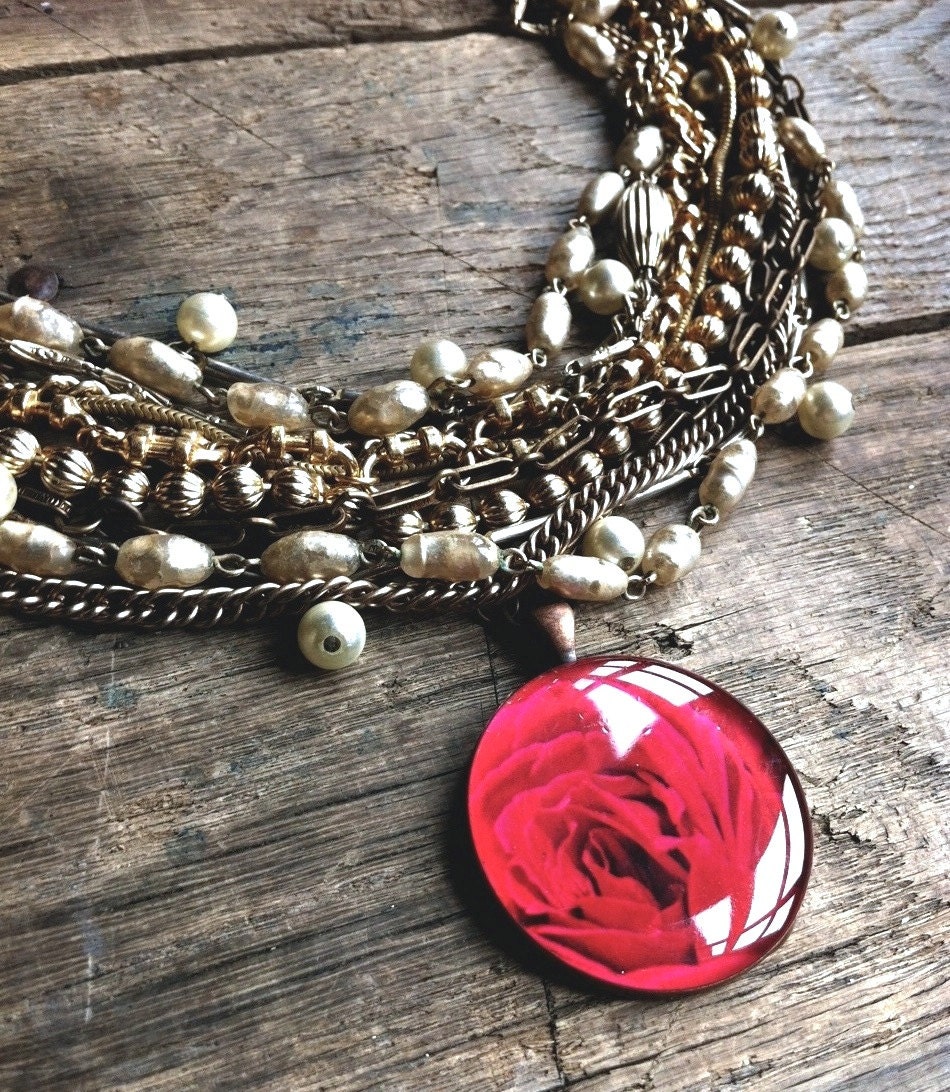 a rose is a rose: vibrant vintage floral image antiqued copper pendant, vintage pearls multi-strand statement necklace