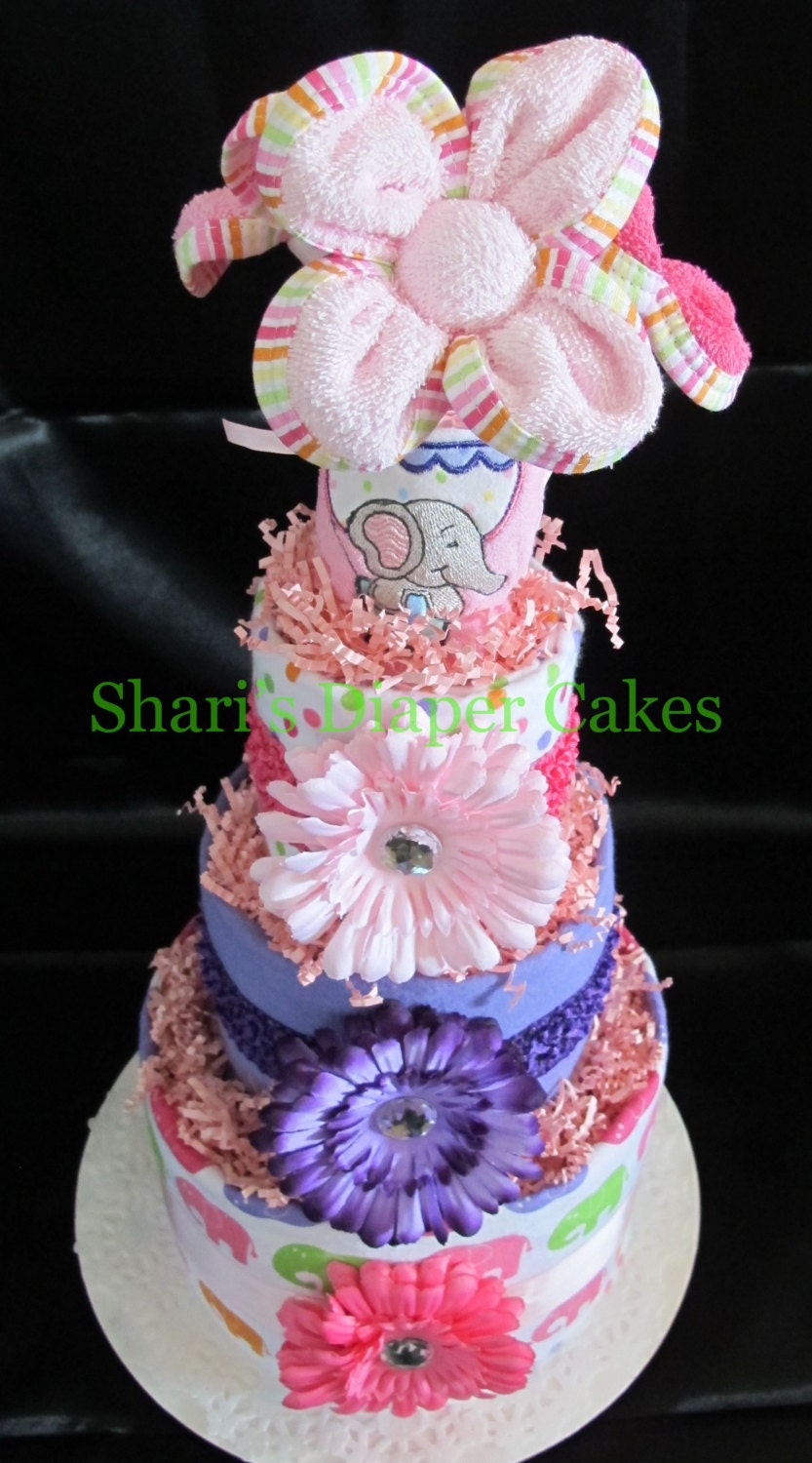 Pink & Purple Elephant 4-Tier Diaper Cake - Baby Gift - Baby Shower Centerpiece