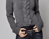 Hand knitted sweater -  Charcoal sweater cable pattern cotton sweater