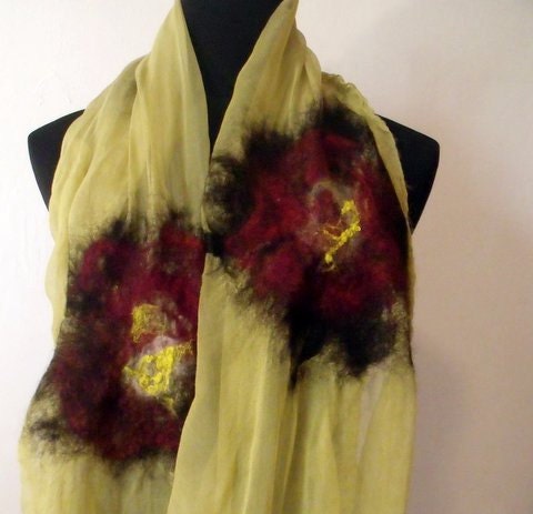 Moss green handmade Silk Scarf with   dark red and black wool flowers