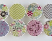 Summer Breeze Flower Knobs -Mauve Lime Green, Soft Purple Florals Girl's Shabby Drawer Knobs, Chevron- Wood Knobs 1 1/2 Inches - Set of  8
