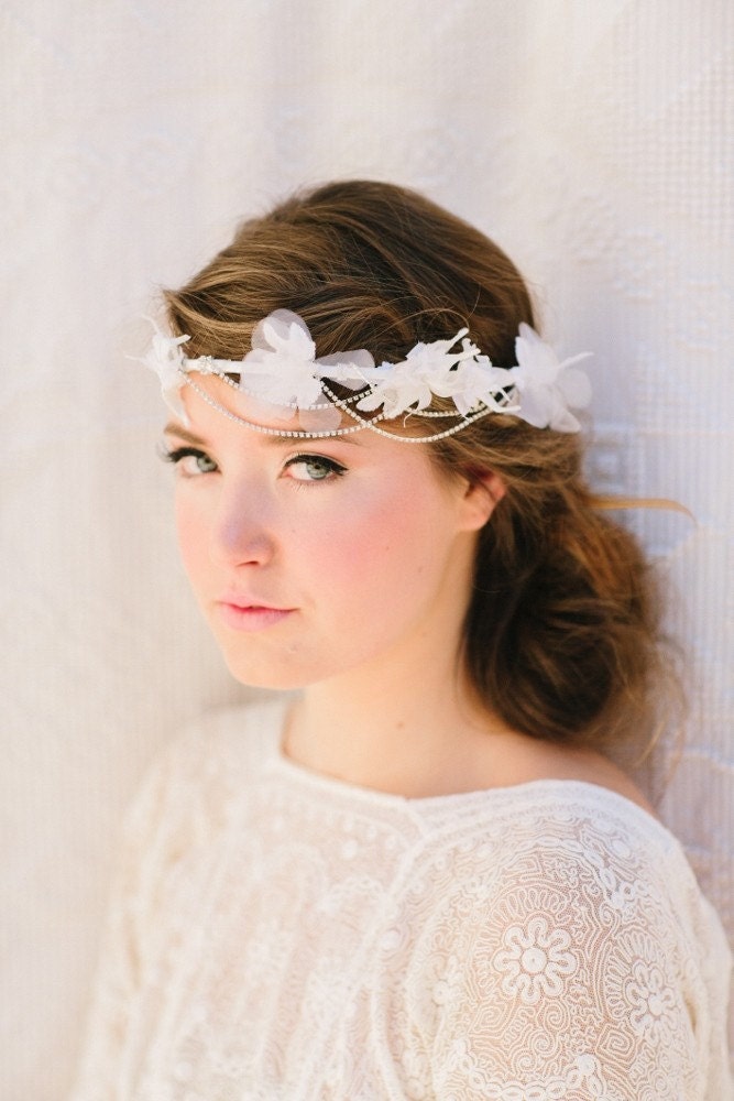 Ola Bridal Headband, Japanese Velvet and Organza Orchids, Rhinestone, Halo, Bohemian Bridal Hair Piece, Wedding Headpiece, Ships in 1 Month