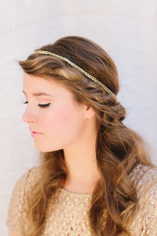 Lyndsey Bridal Headband, Single Rhinestone and Metallic Braid Hair Piece, Halo, Tiara, Crown, Boho, Wedding Headpiece, Ships in 1 Month