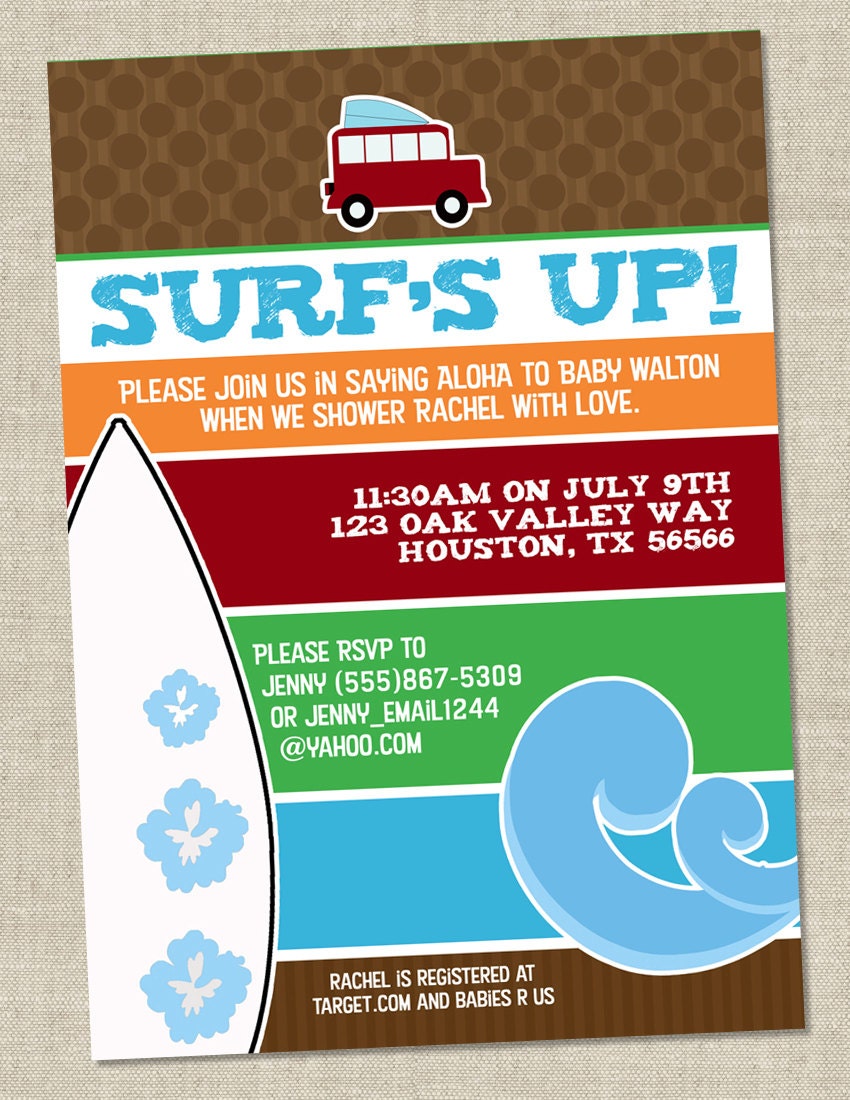 Surf Baby Shower Invitation - Hawaiian Baby Shower Invite - Aloha (Printable digital File OR printed cards)
