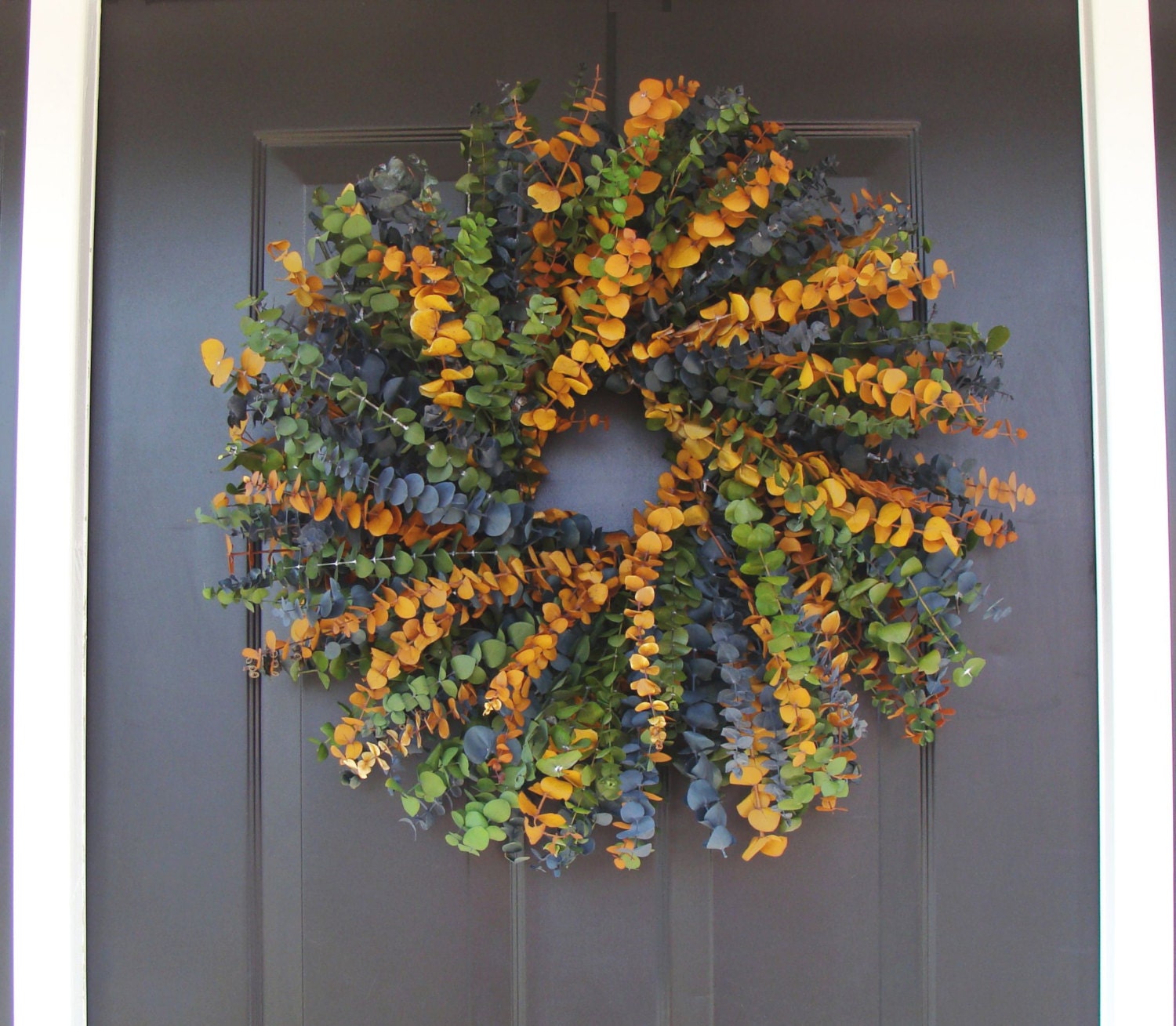 Eucalyptus Wreath, Dried Floral Wreath, Dried Floral Arrangement- Blue, Sage, and Amber 20 inch Wall Decor, Home Decor