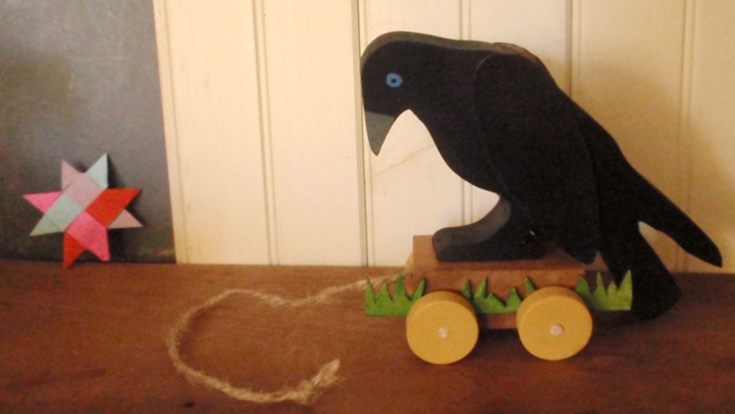 blue-eyed crow girl / folk art pull toy / rustic farmhouse decor / mixed media