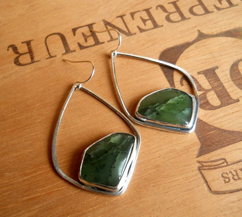 jade, diamond shape, dangle earrings, sterling silver, freeform cabochon, green
