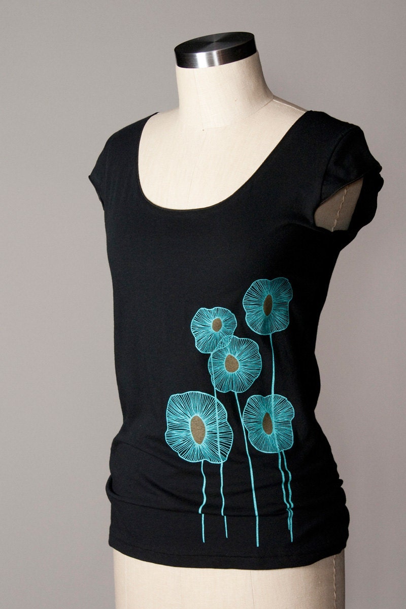 women's shirt - abstract flower shirt - floral shirt - American Apparel scoop neck - cap sleeves - black - FREE SHIPPING