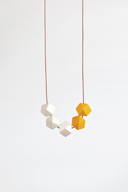 Geometric Necklace / Boho Necklace / Wooden Necklace/ Yellow Creamy White Necklace
