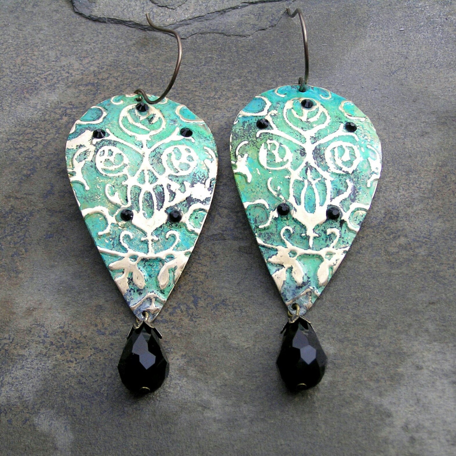Embossed Bohemian Earrings, Metal Earrings, Chandelier Earrings, Teal Earrings, Large Earrings, Black Crystals, Spring Jewelry