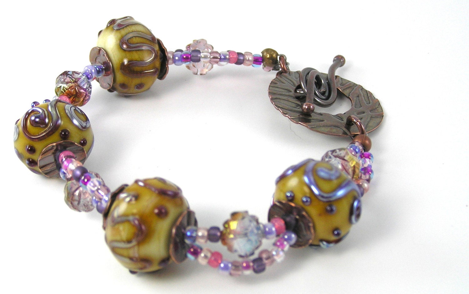 Chunky Beaded Bracelet, Handmade Lampwork Beads, Spring Jewelry, Caramel Brown, Purple, Antiqued Copper, Oversized Toggle