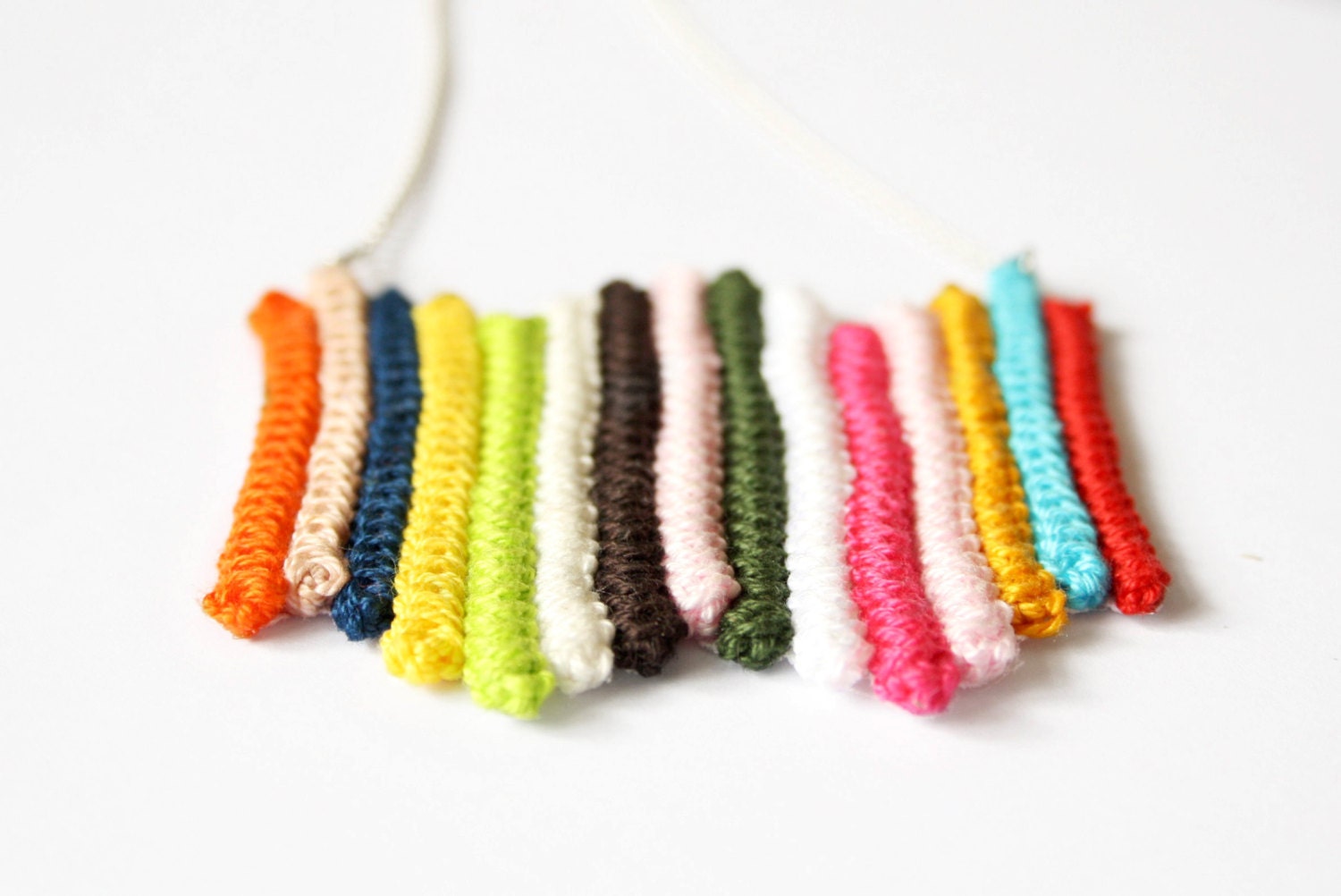 crochet colorful textile necklace with multi colored lines from cotton and sterling silver chain - crazy stripes in boho style, gift for her