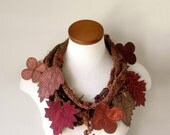 Leaf Scarf- Tweedy Sienna with Brown, Copper, Rust, and Red Embroidered Leaves- Fiber Art Scarf