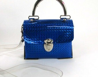 90s Blue Holographic Iridescent Box Bag Mini Purse with Clear Strap