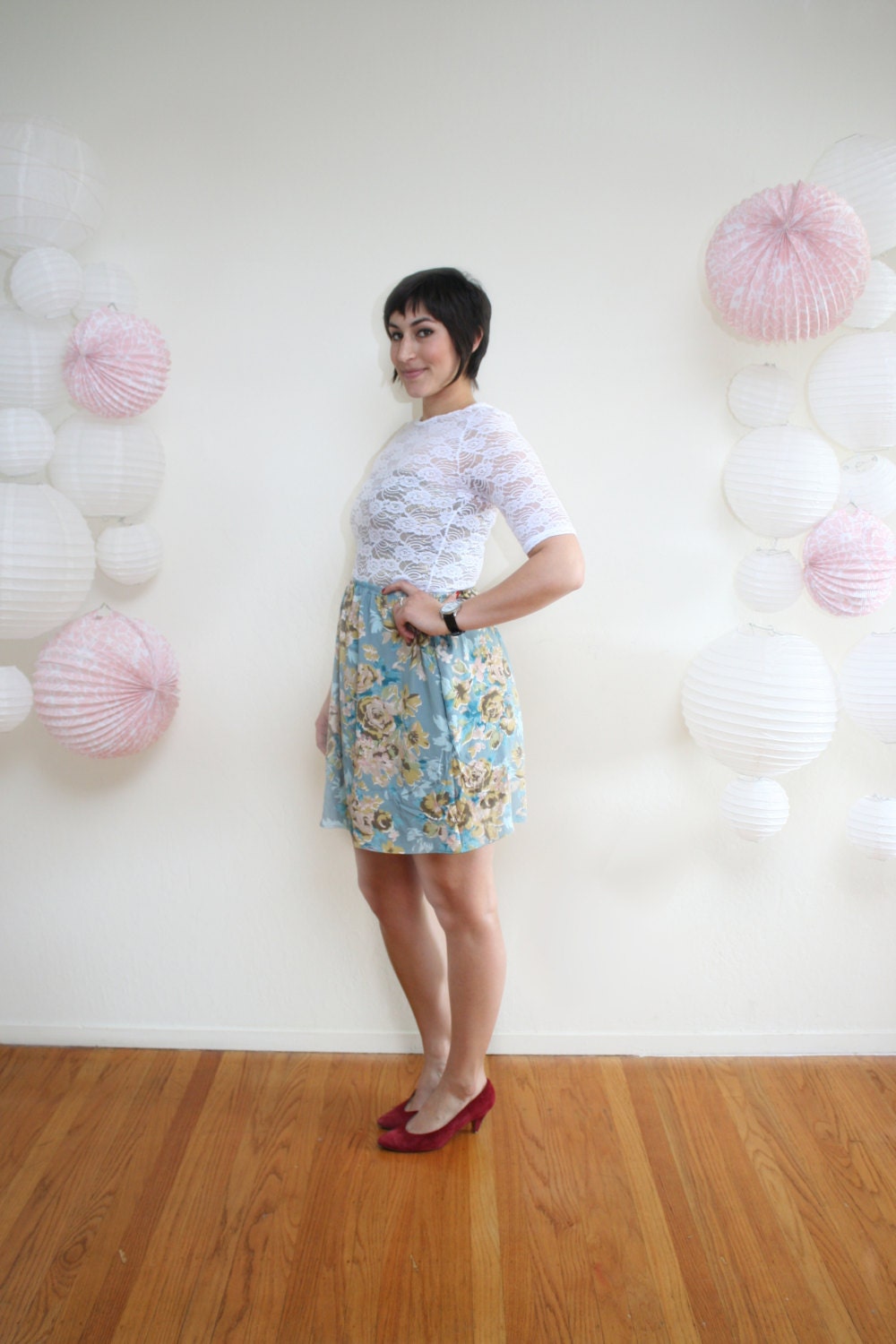 Vintage Mint Floral Skirt- Bold Teal Flowers Mini Skirt