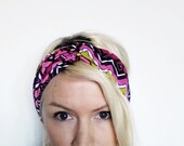 The Twist Turban Headband- In Pink and Chartreuse Chevron Stripe