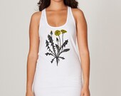 Women's summer Dandelion tank top dress, white or asphalt gray, jersey cotton hand printed, garden flower design with yellow flowers