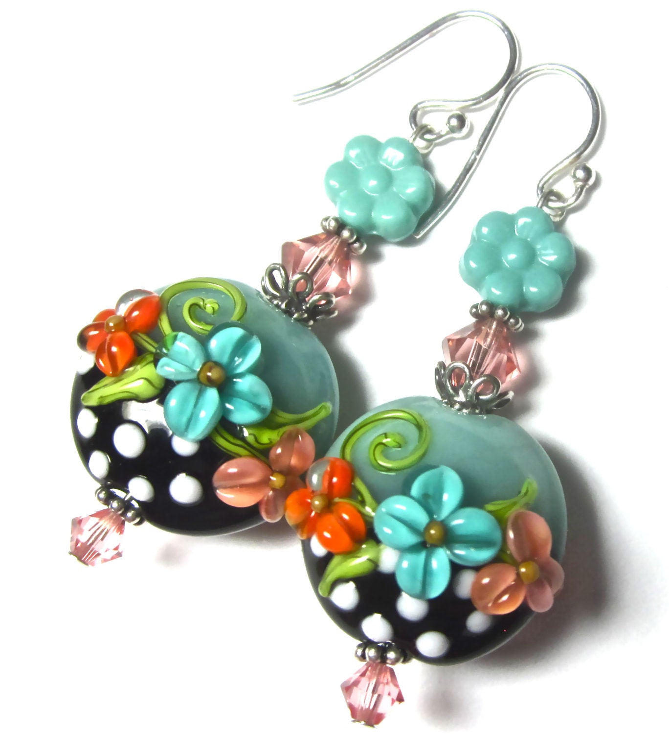 Lampwork Earrings, Handmade Artisan Lampwork Beads, Flower Earrings, SRA Artist, Swarovski Crystals, Sterling Silver Earwires, Czech Glass