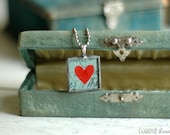Red Paper Heart with Aqua Background Soldered Charm Necklace with Silver Ball Chain