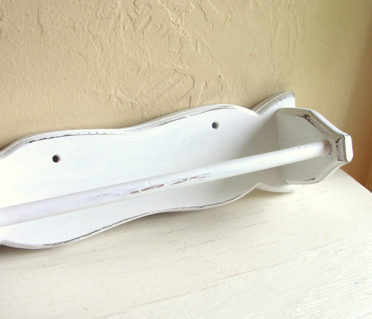 Shabby Chic White Towel Bar Wall Hanging Rack Wooden Distressed