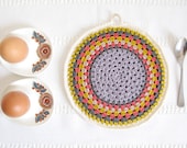 Cotton pot holder, hand crochet in mid-century inspired colours, modern folk wall hanging & kitchen trivet - Ready to ship, by Emma Lamb