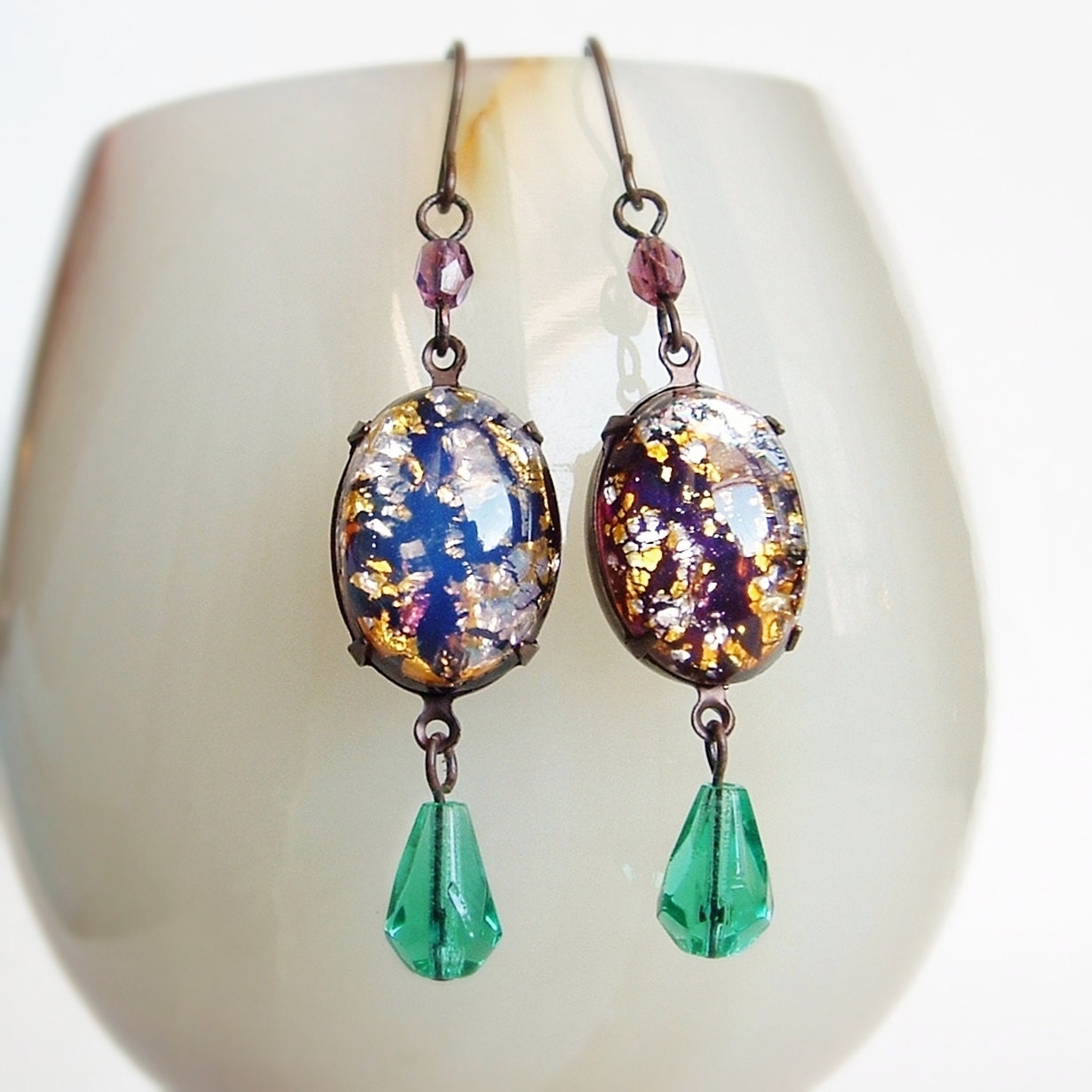 Harlequin Opal Glass Earrings Vintage Glass Purple Aqua Plum Victorian Opal Jewelry