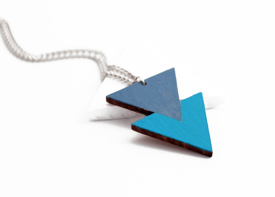 Geometric, double triangle wooden necklace - grey blue, turquoise blue - modern, minimalist jewelry - wood pendant