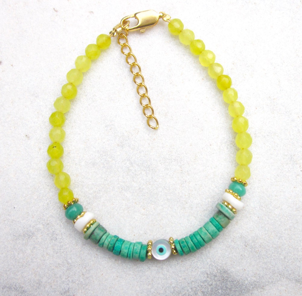 Evil eye beaded bracelet friendship yellow jade bracelet turquoise ceramic beads mother of pearl eye bracelet  stack jewelry