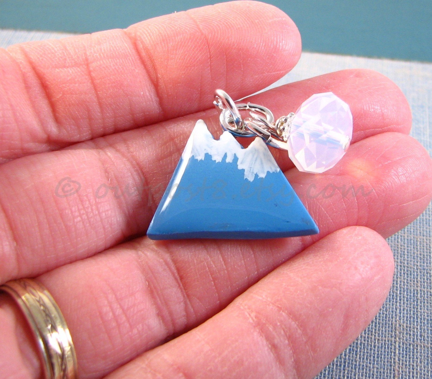 Blue Mountain. Polymer clay, resin, and Swarovski crystal. Necklace, phone charm, or keyring. Free US shipping.