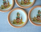 Vintage Tin Toy Saucers Plates with Whistling Boy in Lederhosen Wayside Harmony 4 pcs
