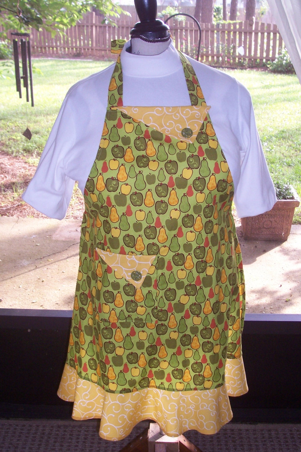 Plus Size Ruffle Apron - Pear Swirls - Lime Green Goldenrod Yellow