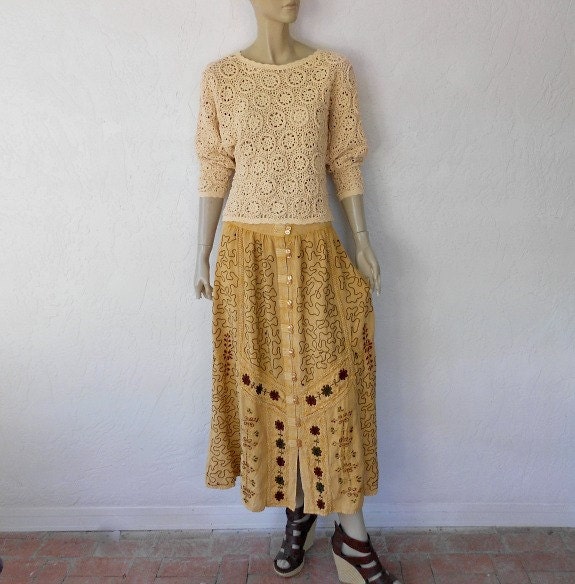 Vintage Skirt, 80s Bohemian Embroidered Maxi Indian Skirt
