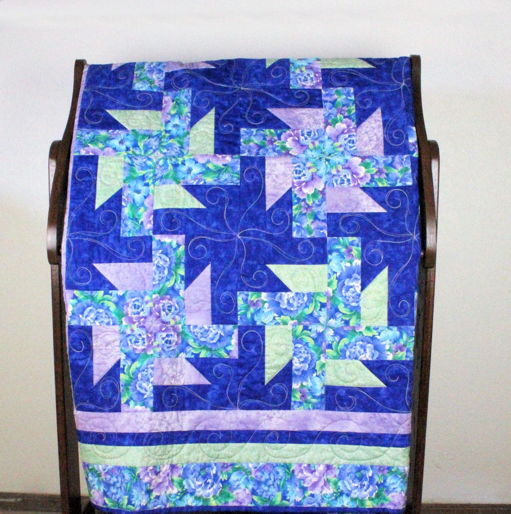 Floral Pinwheels Lap Quilt or Sofa Throw in lavender, blue and green