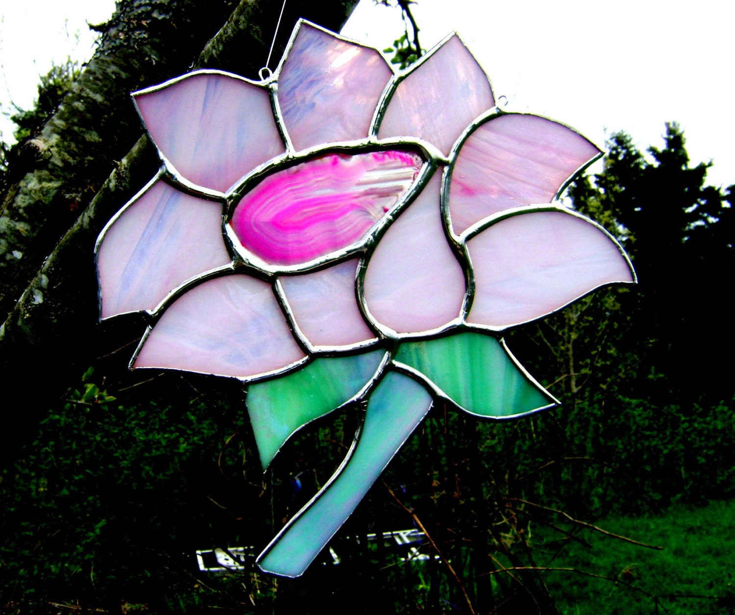 Pink Flowers Sunflower Stained Glass Ornament Suncatcher Cottage Chic Garden Fathers Day Birthday Primitive Housewarming Wedding Gift