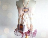 Women's Halter Top Upcycled Clothing Peach Floral Purple Ruffle Shirt Lace Accents Dragonfly Theme Bohemian Eco Wear Large 'JAYNE'