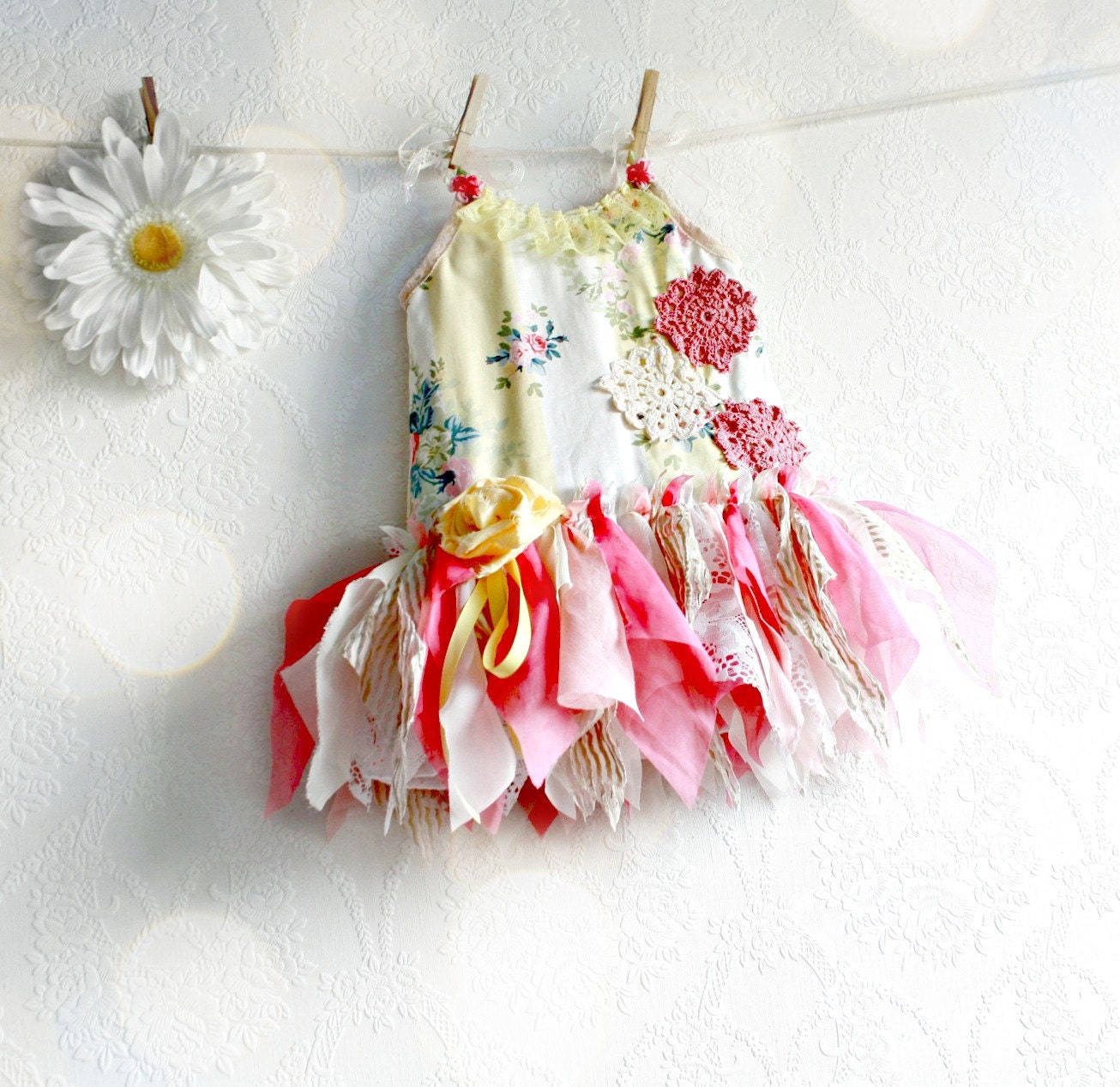 Shabby Chic Yellow Baby Dress Children's Clothing Woodland Fairy Dress Pink Floral Sundress Baby's First Birthday 18M 'REESE' - BrokenGhostClothing