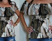Vtg Ivory Watercolor Off The Shoulder Ruffle Empire Peplum Waist Top S/M
