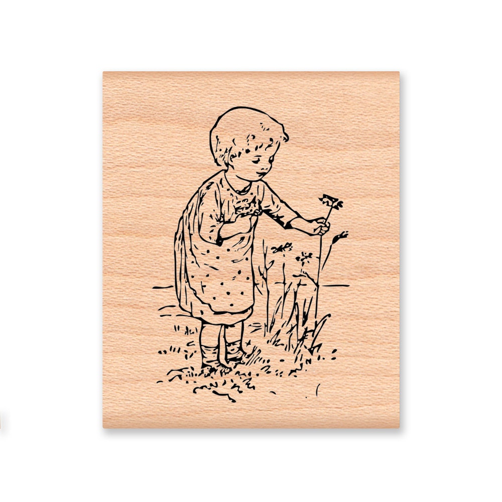 Sweet Summer Girl -little girl picking summer flowers- wood mounted rubber stamp