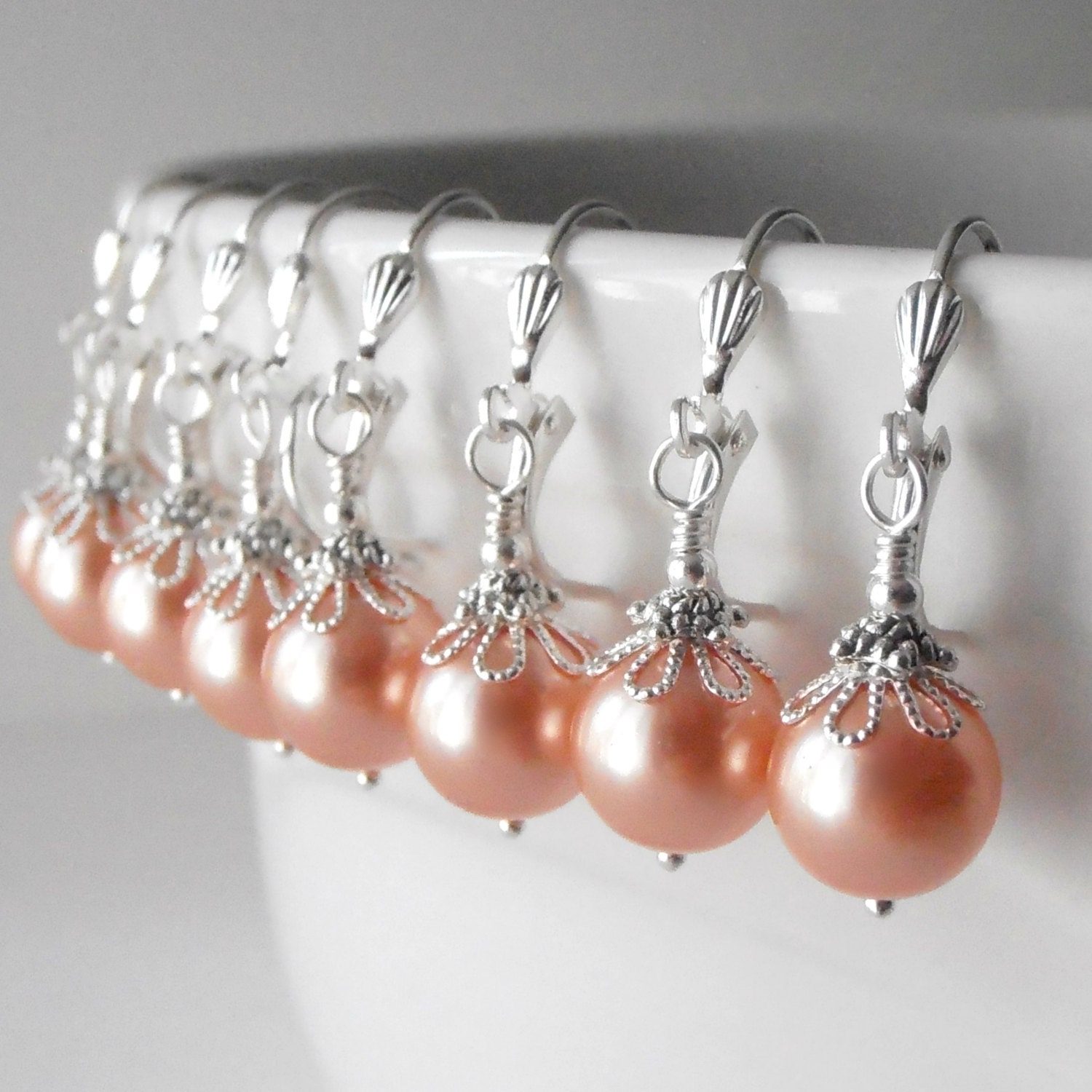 Peach Pearl Bridesmaid Earrings Rose Peach Swarovski Elements in Silver Beaded Wedding Jewelry Sets Bridal Party Dangles Handmade Jewellery