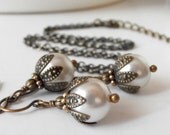 Ivory Pearl Bridesmaid Set Beaded Wedding Jewelry Vintage Style Pearl Necklace and Earrings Bridal Party Jewellery Handmade, Bronwyn