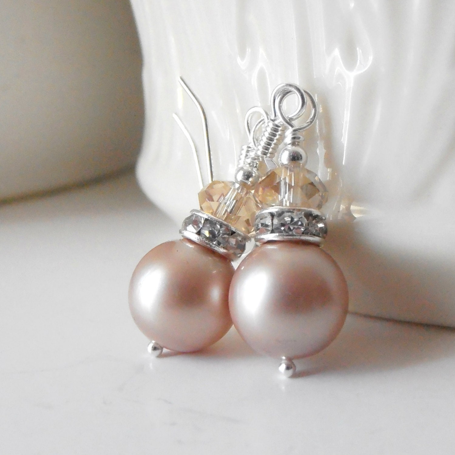 Champagne Bridesmaid Jewelry Swarovski Crystal Pearl Earrings Blush Wedding Jewelry Beaded Dangles Handmade Jewellery