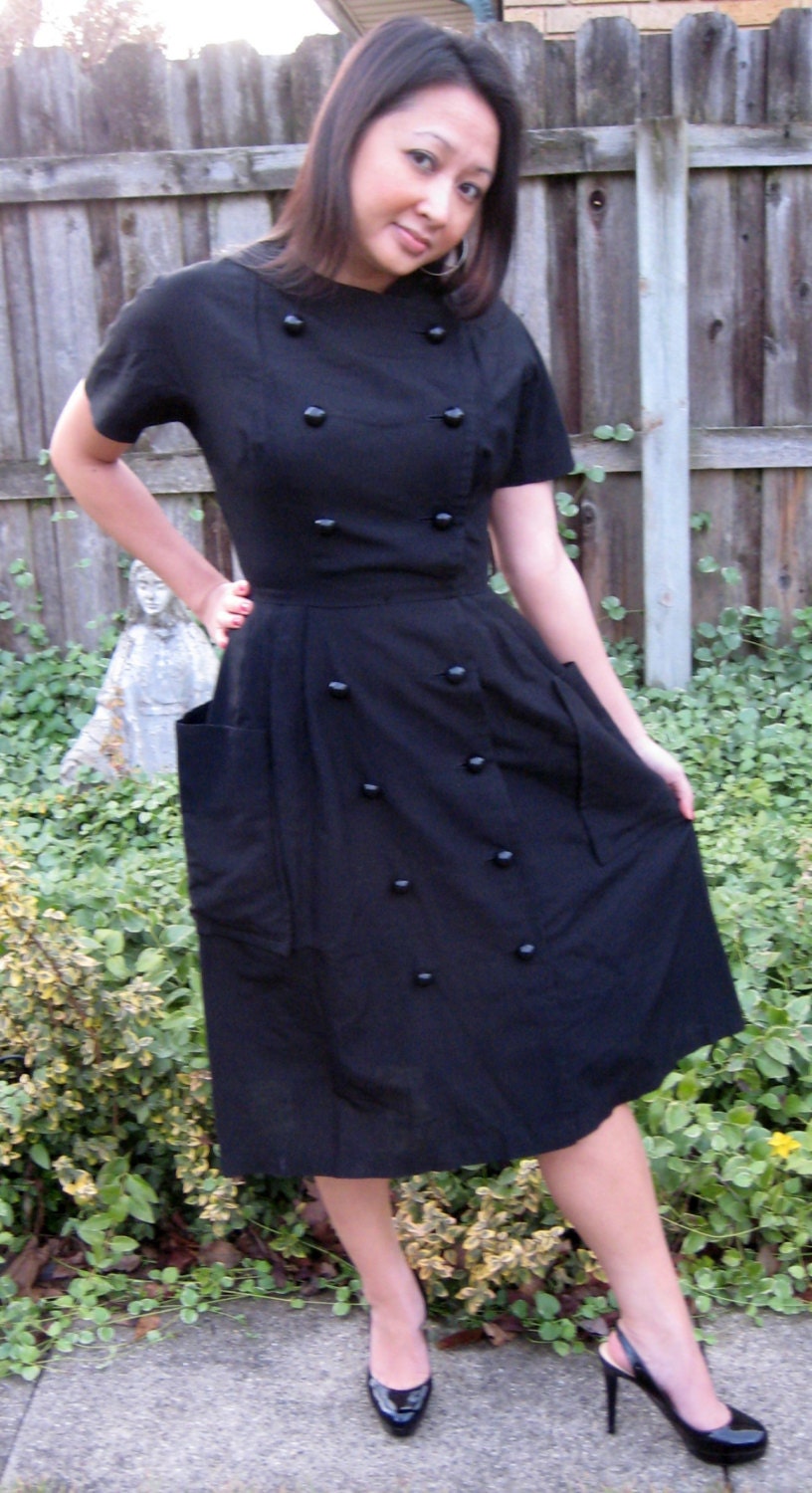 vintage 50s black day dress with oversized pockets