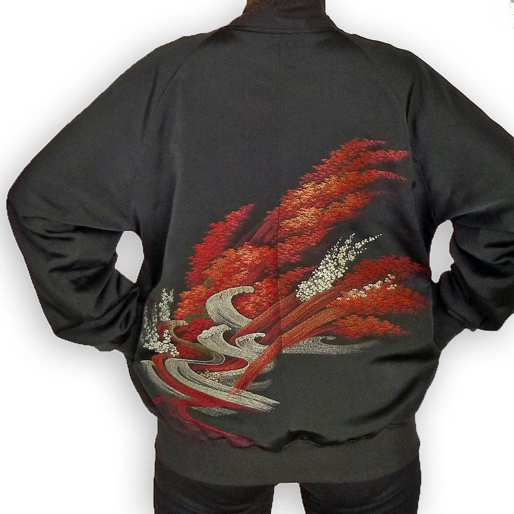 Japanese Kimono Recycled-Full Zip Bomber Style Jacket -Japanese maple leaves