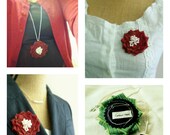 Irene Brooch Pendant Necklace. Brick red and blush pink flower pendant on long chain necklace handmade by Cardinal House in Atlanta.