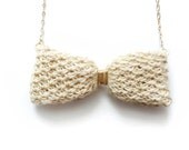 knitted linen bow long necklace with wire wrap -24K gold plated chain , gold filled wire