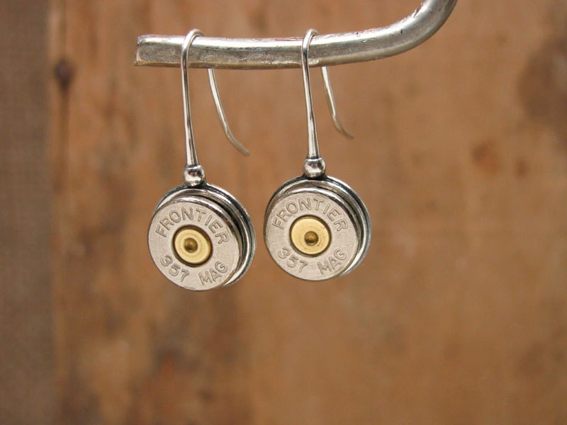 Bullet Casing Jewelry - STERLING SILVER French Wire Nickel 38 or 357 Bullet Casing Earrings - Simple, Lightweight, Quality