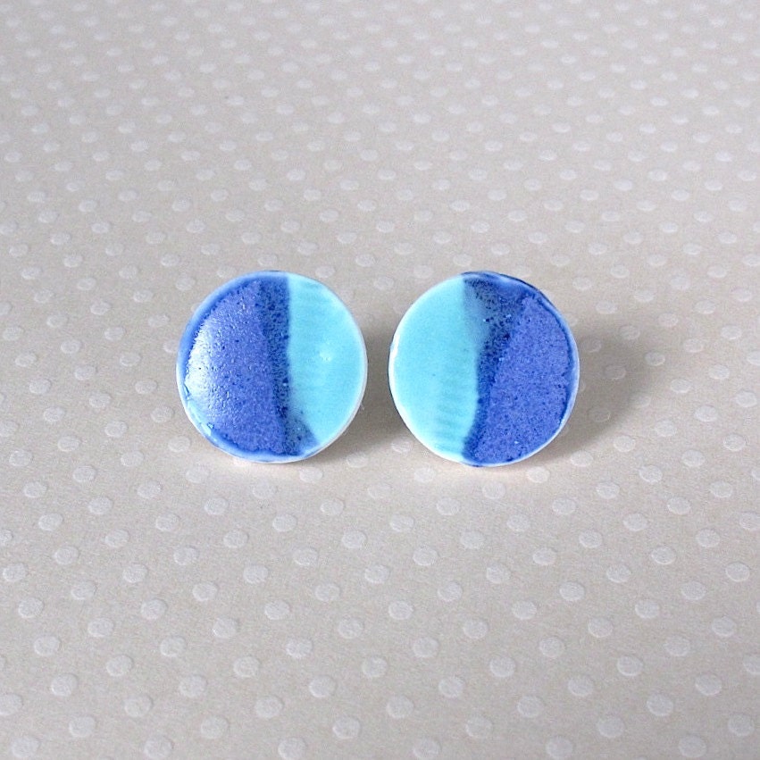 Medium Porcelain Earrings. Aqua & Cobalt Blue Rounds. Turquoise.  Indigo. Post or Stud Earrings. Surgical Steel.